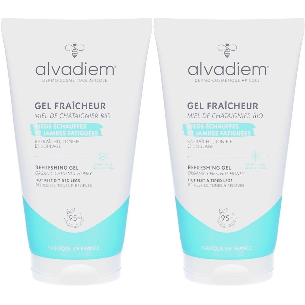 Twee tubes ALVADIEM Gel Fraîcheur. Wit, met blauwe band. Tekst: GEL FRAÎCHEUR, MIEL DE CHATAIGNIER BIO, REFRESHING GEL.