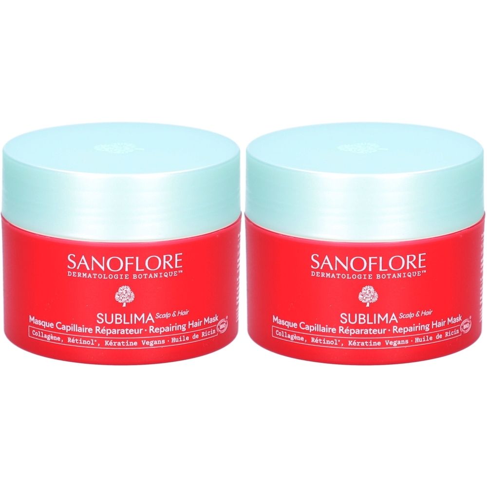 Twee ronde, rode potten met lichtblauwe deksels. Opschrift: SANOFLORE, SUBLIMA, Masque Capillaire Réparateur. Haarverzorgingsproduct.