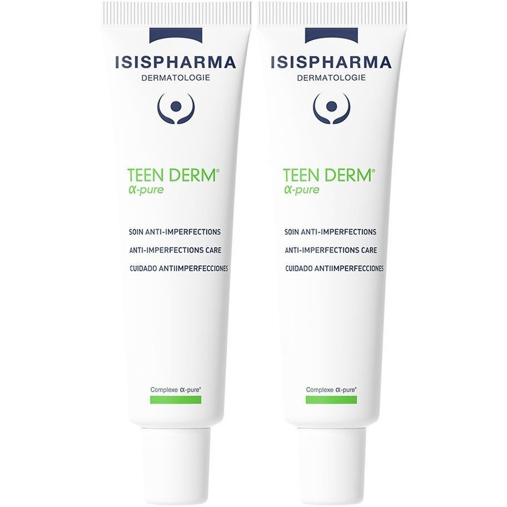 Twee witte tubes met groene en blauwe tekst. Opschrift: ISISPHARMA, TEEN DERM α-pure, Anti-onzuiverheden verzorging.