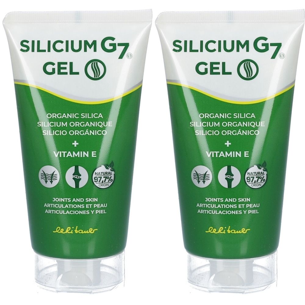 Deux tubes de gel Silicium G7. Emballage vert et blanc avec nom du produit et ingrédients. Contient de la vitamine E. Ingrédients naturels.