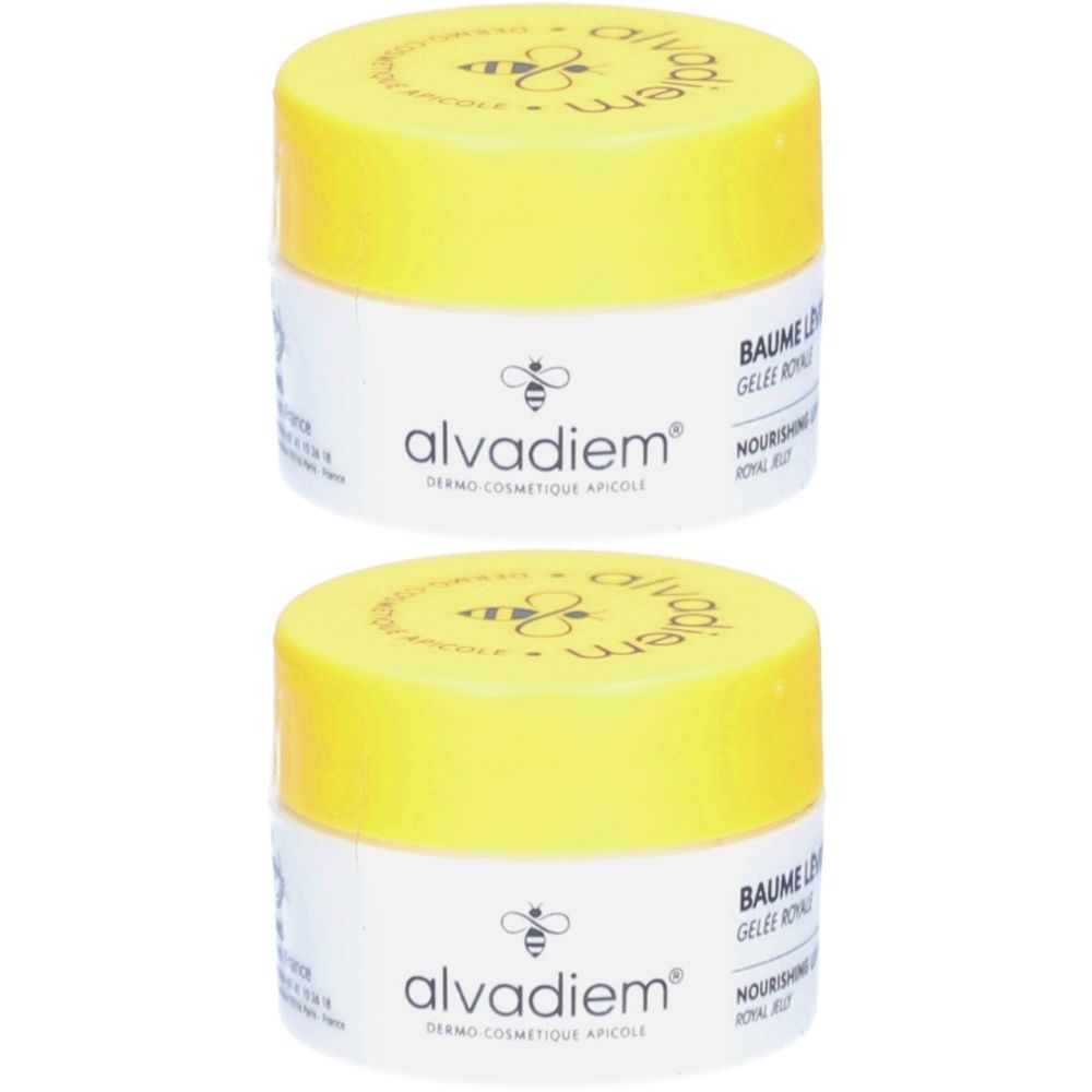 Deux pots avec couvercles jaunes et étiquettes blanches. Inscription : alvadiem, Baume Lèvres Nourrissant, Gelée Royale.