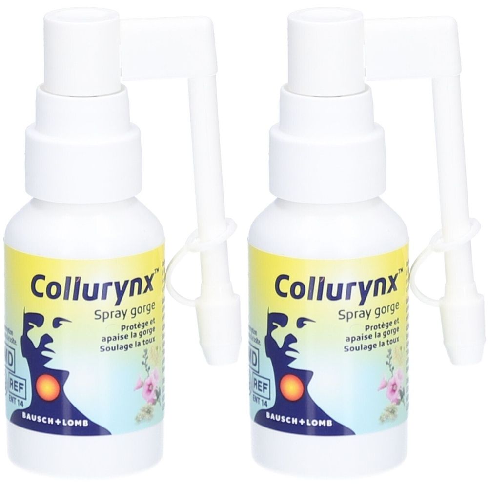 Twee witte flessen met spraykop. Op de etiketten staat "Collurynx Spray gorge". Het merk is "BAUSCH + LOMB".