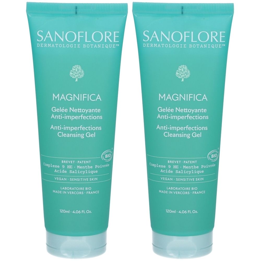 Deux tubes de Magnifica Gelée Nettoyante Anti-imperfections SANOFLORE. Emballage turquoise avec texte blanc. Certification bio.