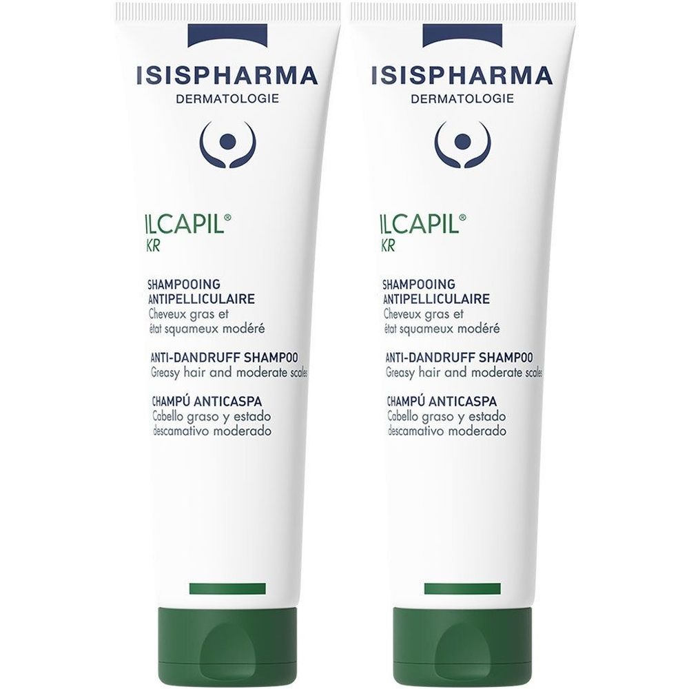 Deux tubes de shampooing ISISPHARMA Ilcapil KR. Blancs, avec bouchons verts. Texte: Shampooing Antipelliculaire, Anti-Dandruff Shampoo.