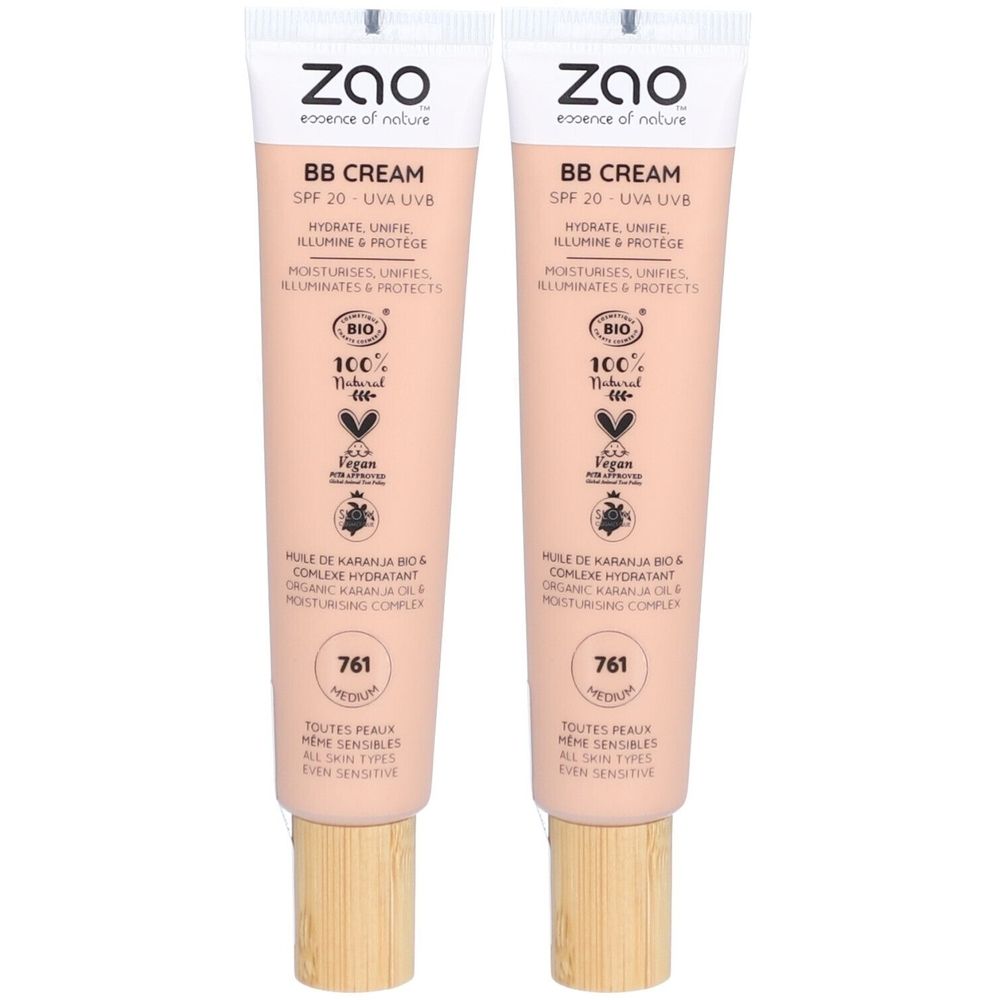 Twee tubes BB Crème. Opschrift: Zao, BB Cream, SPF 20, Bio, Vegan. Tint: Medium. Voor alle huidtypes.