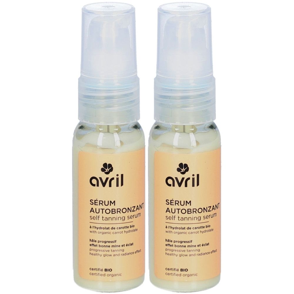Deux flacons de Sérum Autobronzant AVRIL. Flacons transparents avec vaporisateur et étiquette beige. Inscription : Sérum Autobronzant, certifié BIO.