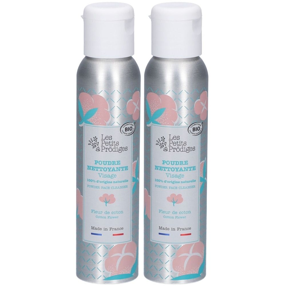 Deux flacons argentés avec bouchon blanc. Inscription: Les Petits Prodiges, Poudre Nettoyante Visage, Fleur de coton. Label bio.