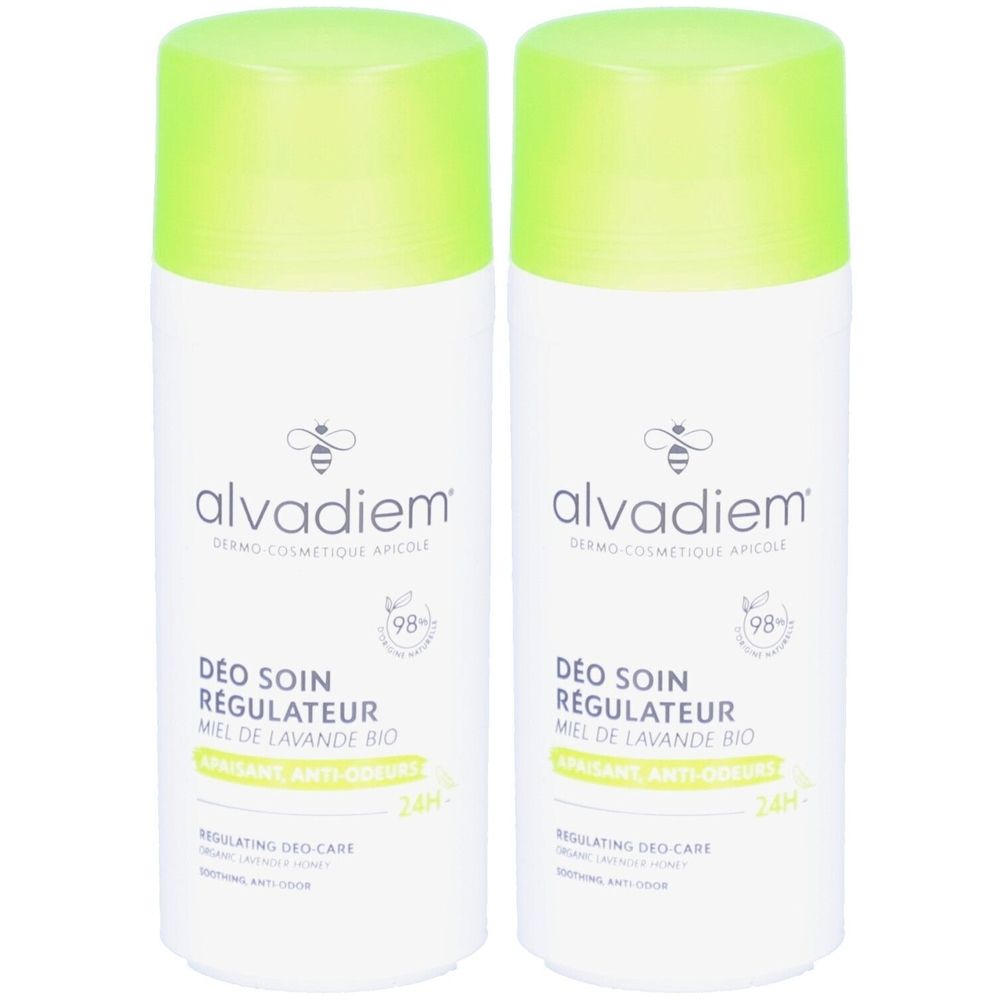 Twee witte deodorantflessen met groene doppen. Opschrift: alvadiem, Déo Soin Régulateur, Miel de Lavande Bio.