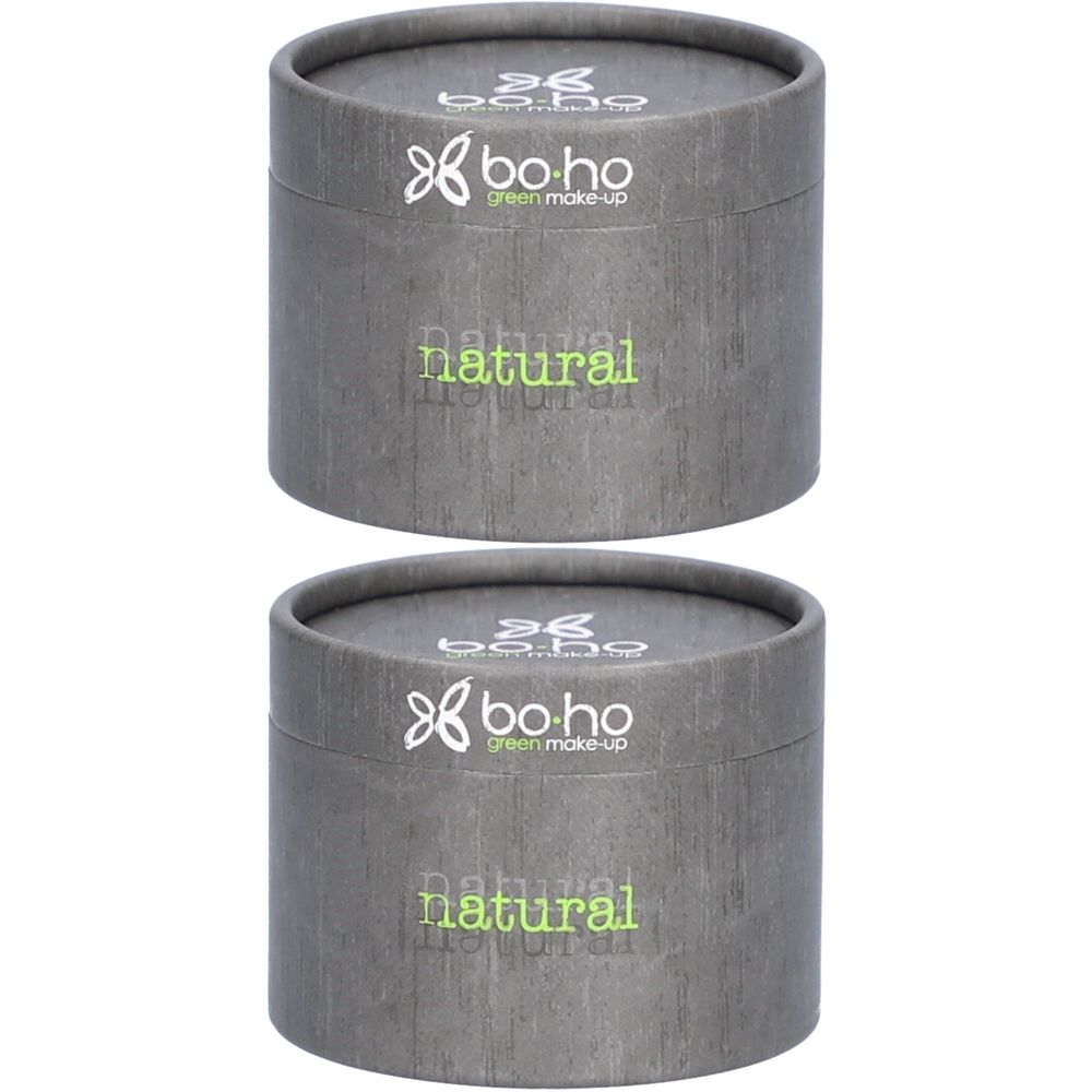 Deux contenants cylindriques gris. Couvercles avec logo et texte. Inscription « natural » en vert.