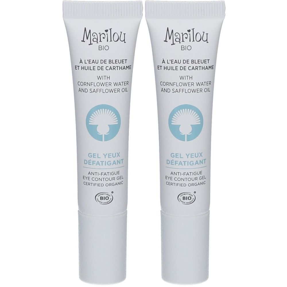 Twee witte tubes met tekst en logo. Opschrift: Marilou Bio, Gel Yeux Défatigant, Anti-Fatigue Eye Contour Gel. Biologisch gecertificeerd.
