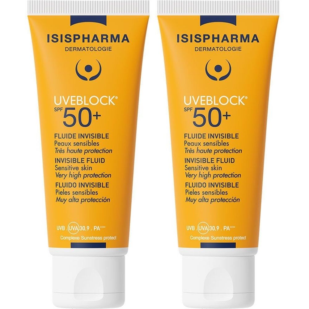 Deux tubes de ISISPHARMA Uveblock SPF 50+. Tubes jaunes avec bouchon blanc. Texte : SPF 50+, Fluide Invisible.