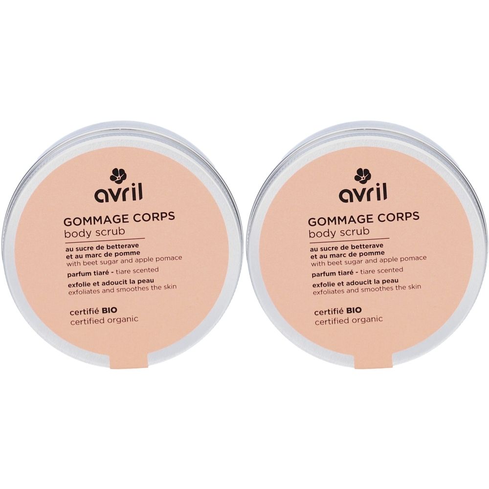 Twee ronde potten met roze deksels. Opschrift: avril, Gommage Corps, gecertificeerd BIO. Tekst: au sucre de betterave, parfum tiaré, exfolie et adoucit la peau.