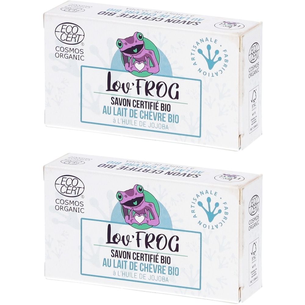 Twee zeepverpakkingen. Opschrift: Lov'Frog Savon Certifié Bio au Lait de Chèvre Bio. Met ECOCERT-label.