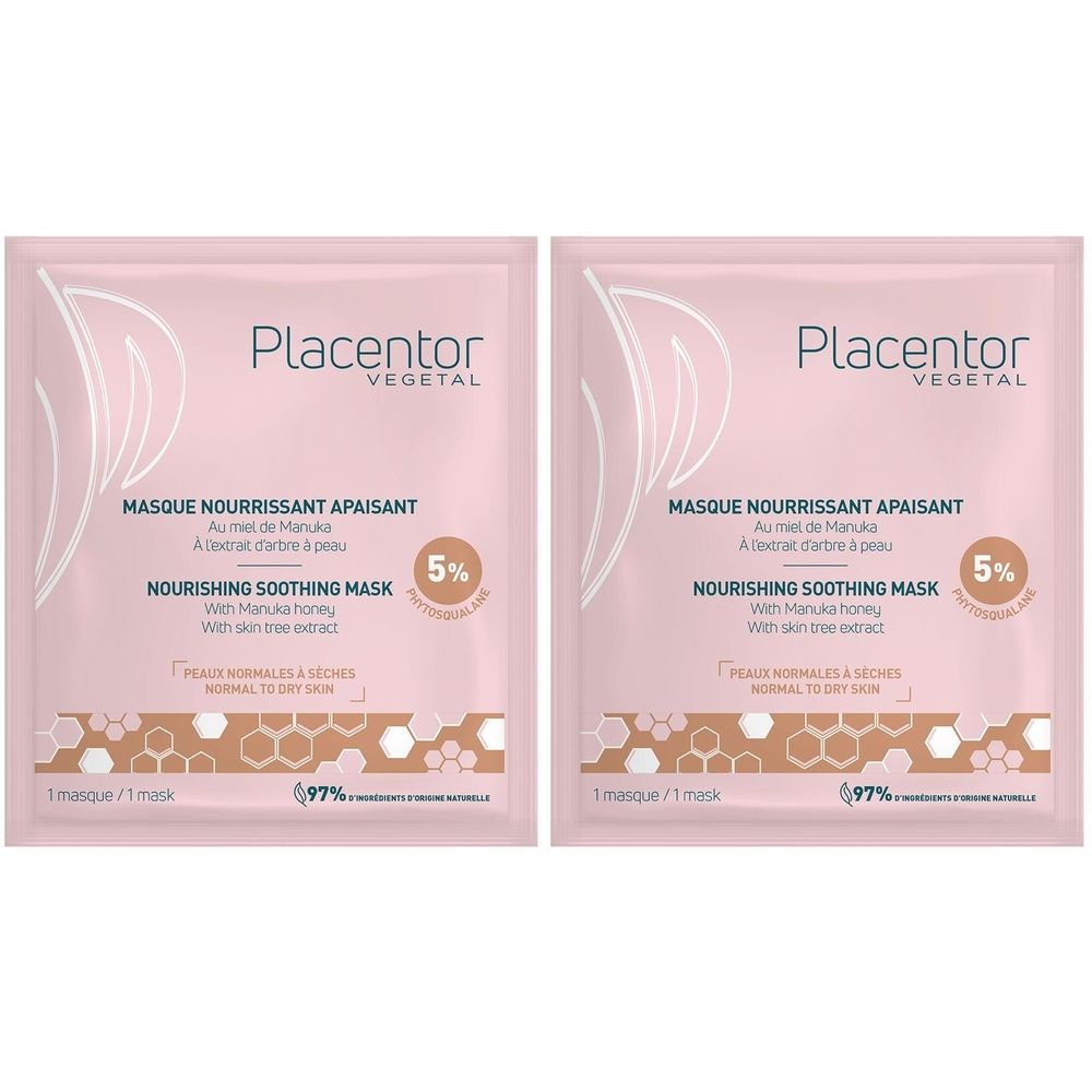 Deux sachets roses "Placentor Vegetal". Texte: "Masque Nourrissant Apaisant", "Nourishing Soothing Mask". 5% et 97% imprimés.