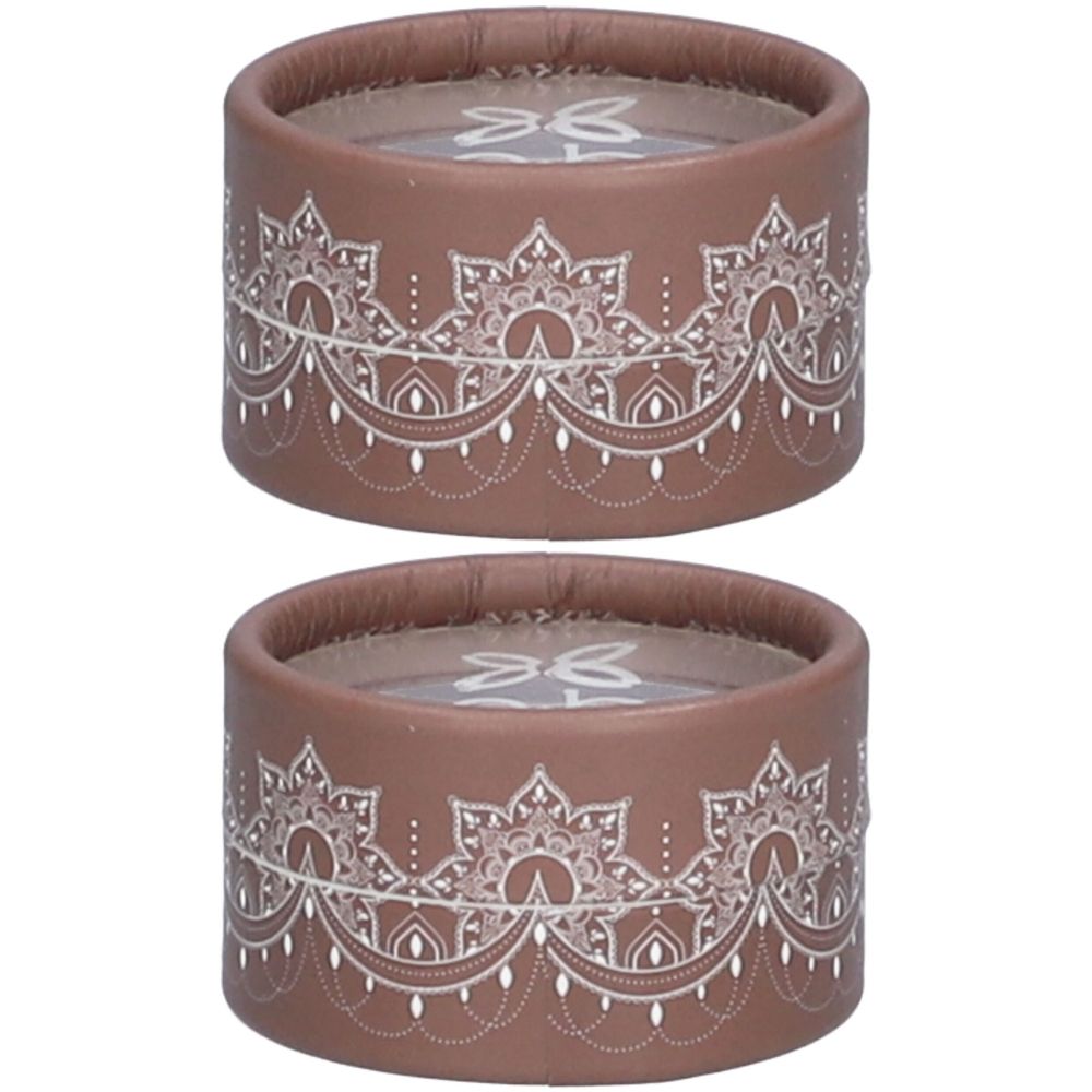 Twee ronde bruine containers met wit ornamentpatroon. Deksel met logo. Cosmeticaverpakking.