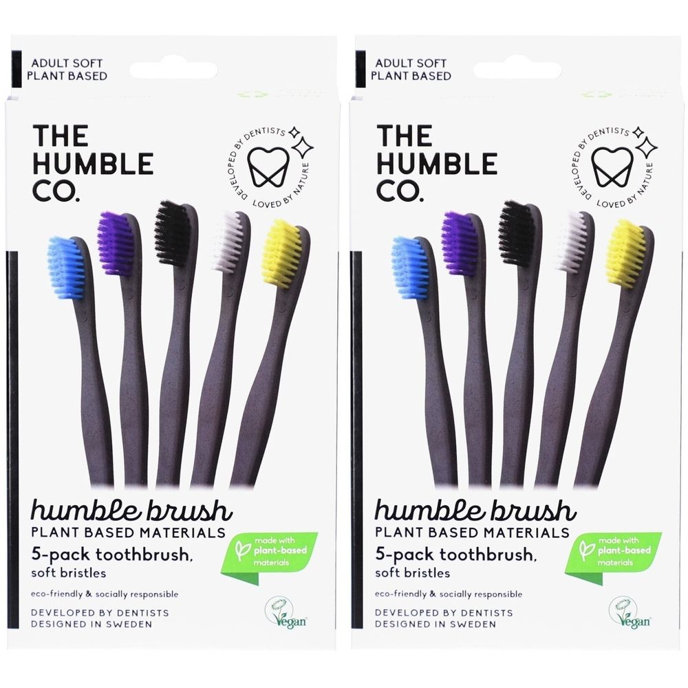 Deux paquets de brosses à dents. Chaque paquet contient 5 brosses à dents avec des poils colorés. Marque : THE HUMBLE CO. Vegan.