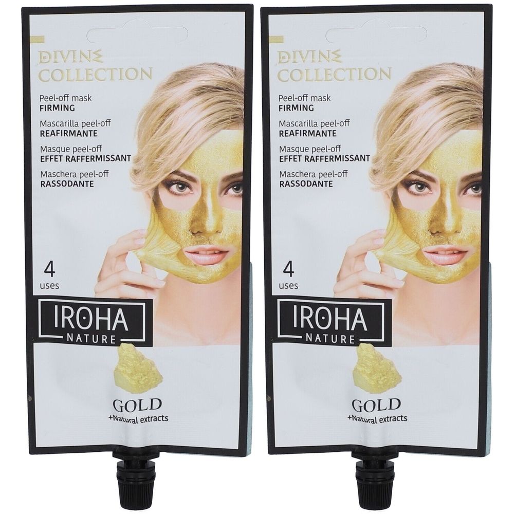 Twee verpakkingen IROHA NATURE gezichtsmasker. Gouden masker op afbeelding. Tekst: DIVINE COLLECTION, FIRMING, GOLD, 4 toepassingen.