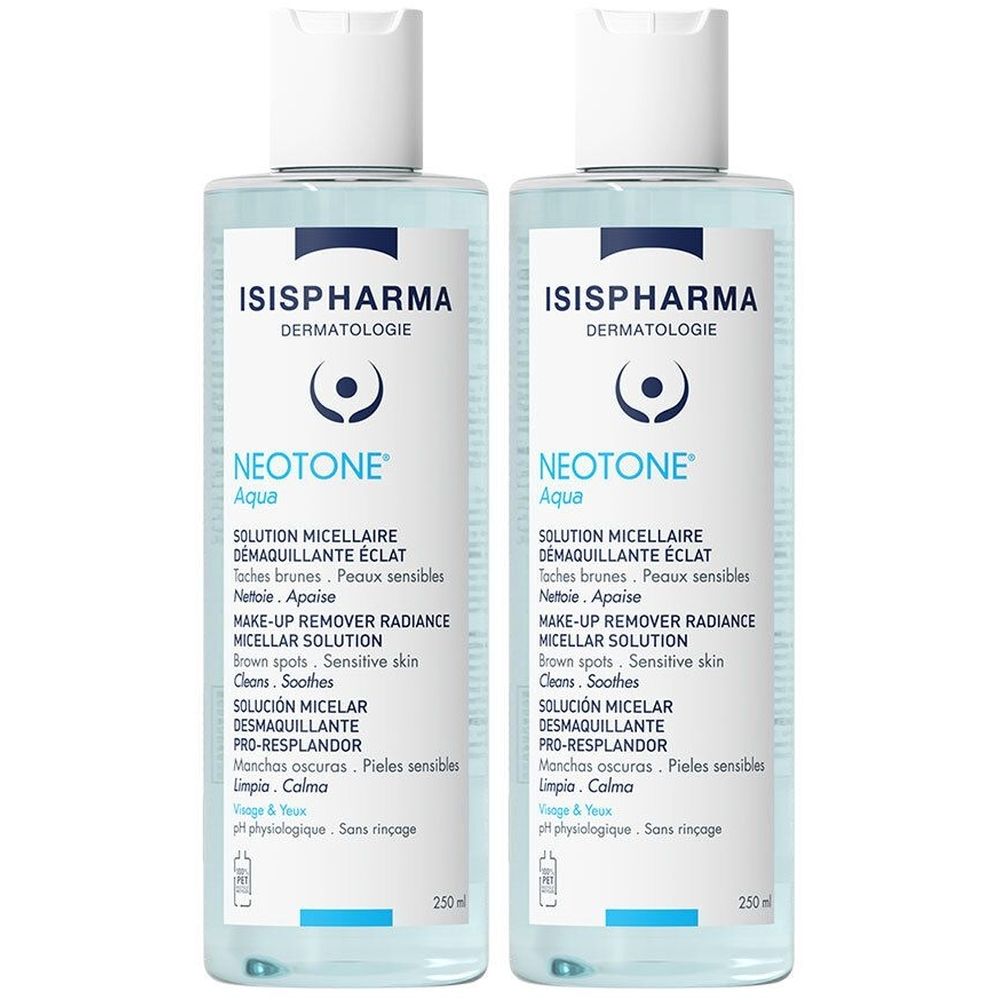 Twee flessen ISISPHARMA Neotone Aqua. Heldere vloeistof in transparante flessen met witte dop. Productaanduidingen in meerdere talen.