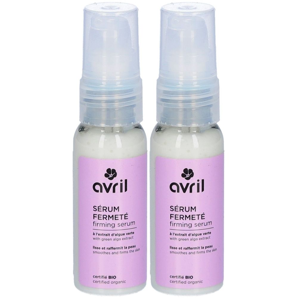 Twee flessen AVRIL Sérum Fermeté. Elke fles heeft een paars etiket met tekst en het logo. Gecertificeerd biologisch product.