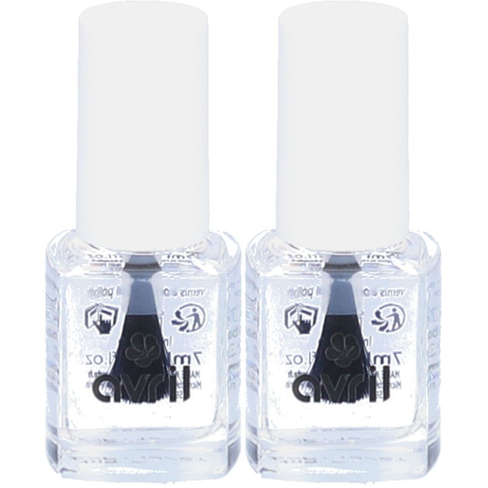 Deux flacons de vernis durcisseur avec bouchon blanc. Le nom "AVRIL" est visible.