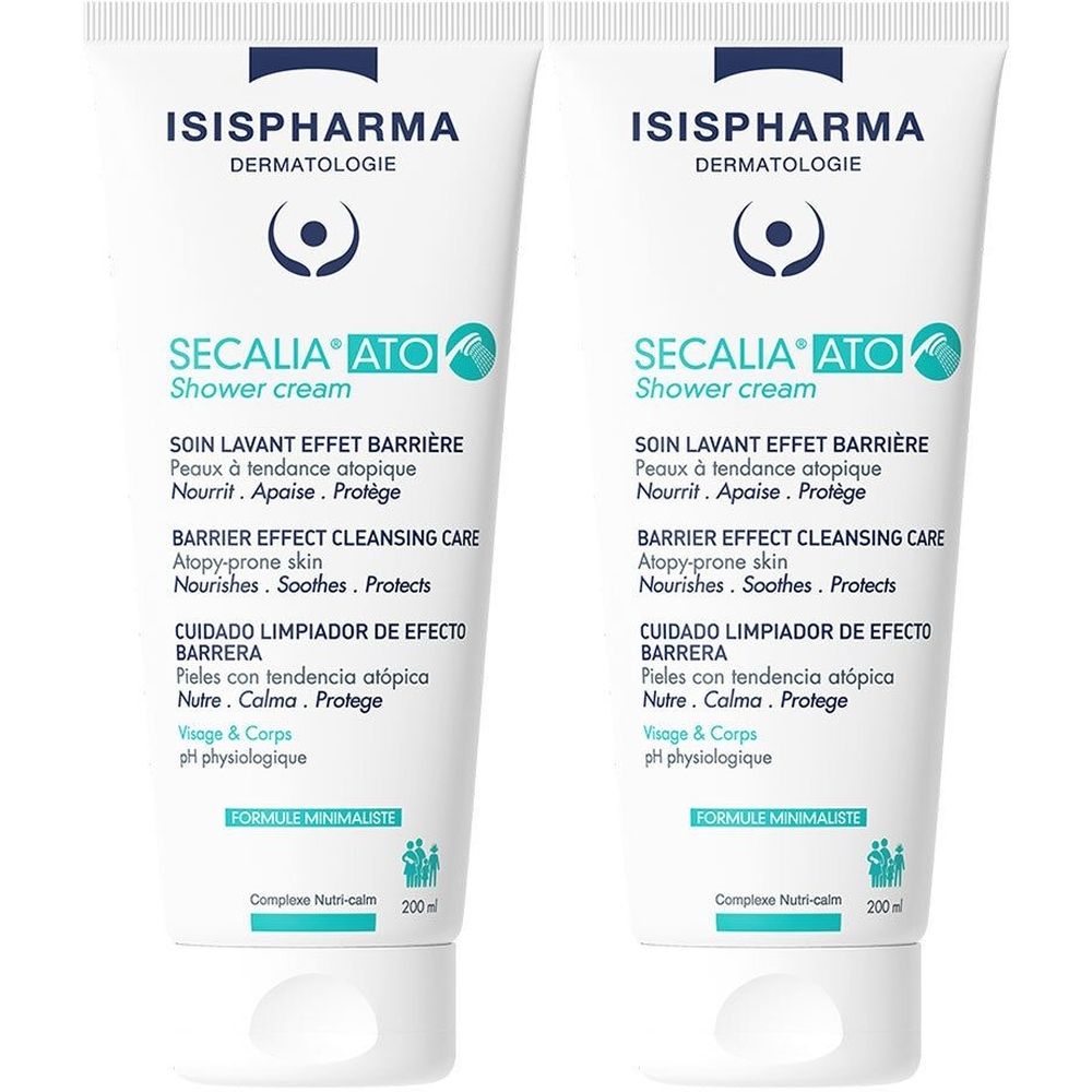 Deux tubes de crème de douche ISISPHARMA Secalia Ato. Tubes blancs avec texte bleu et turquoise. Texte : Secalia Ato, Shower cream.