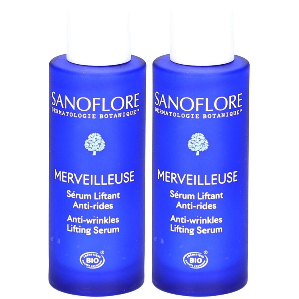 Twee blauwe flessen met witte dop. Opschrift: SANOFLORE, MERVEILLEUSE Sérum Liftant Anti-rides. Bio-certificering.