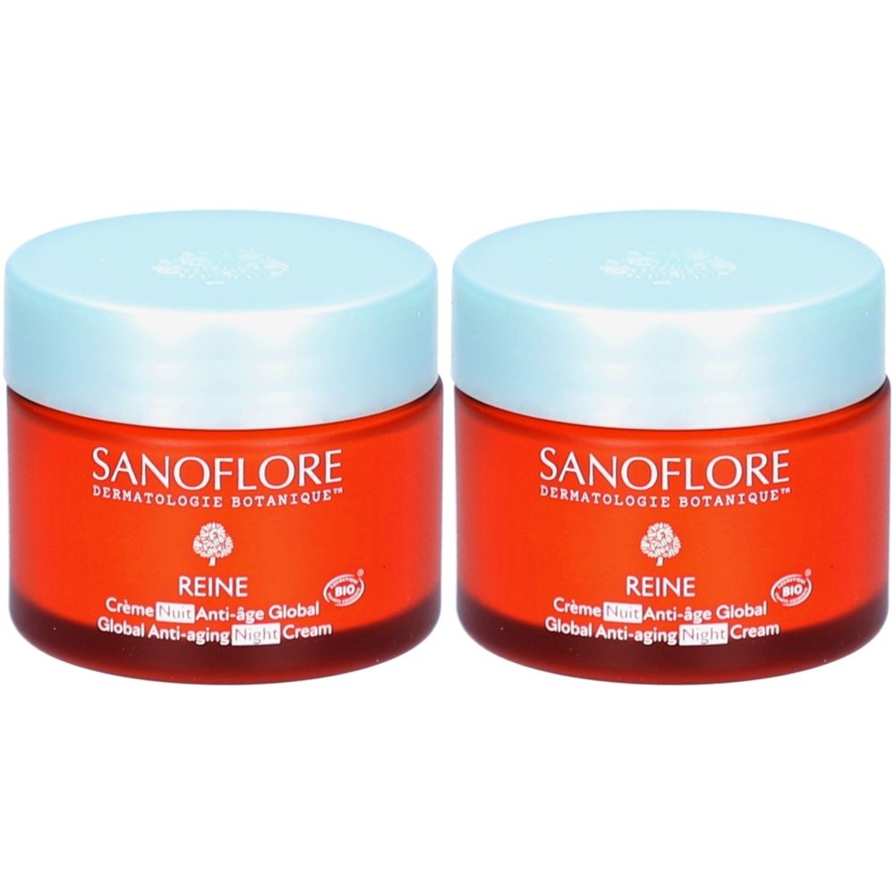 Twee crèmetiegels met lichtblauwe deksels en rode potten. Opschrift: SANOFLORE, REINE, Crème Nuit Anti-Âge Global. Bio-zegel.