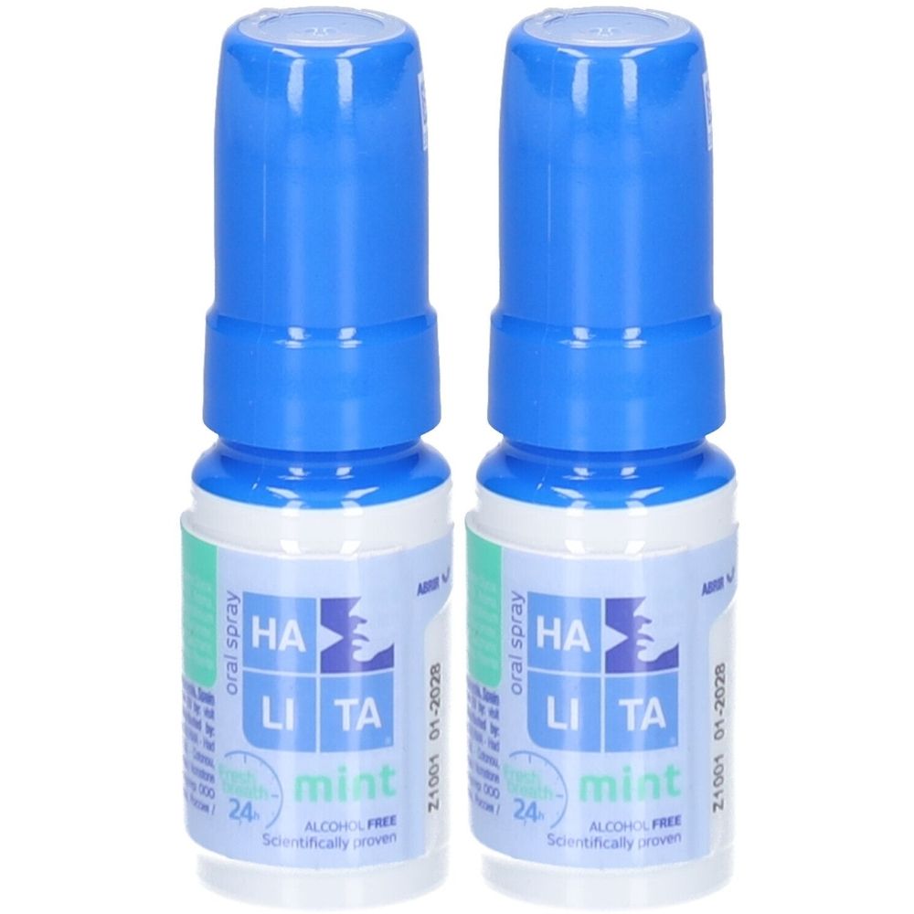Deux sprays avec bouchon bleu. Inscription: HA LI TA mint, 24, ALCOHOL FREE. Impression: oral spray.