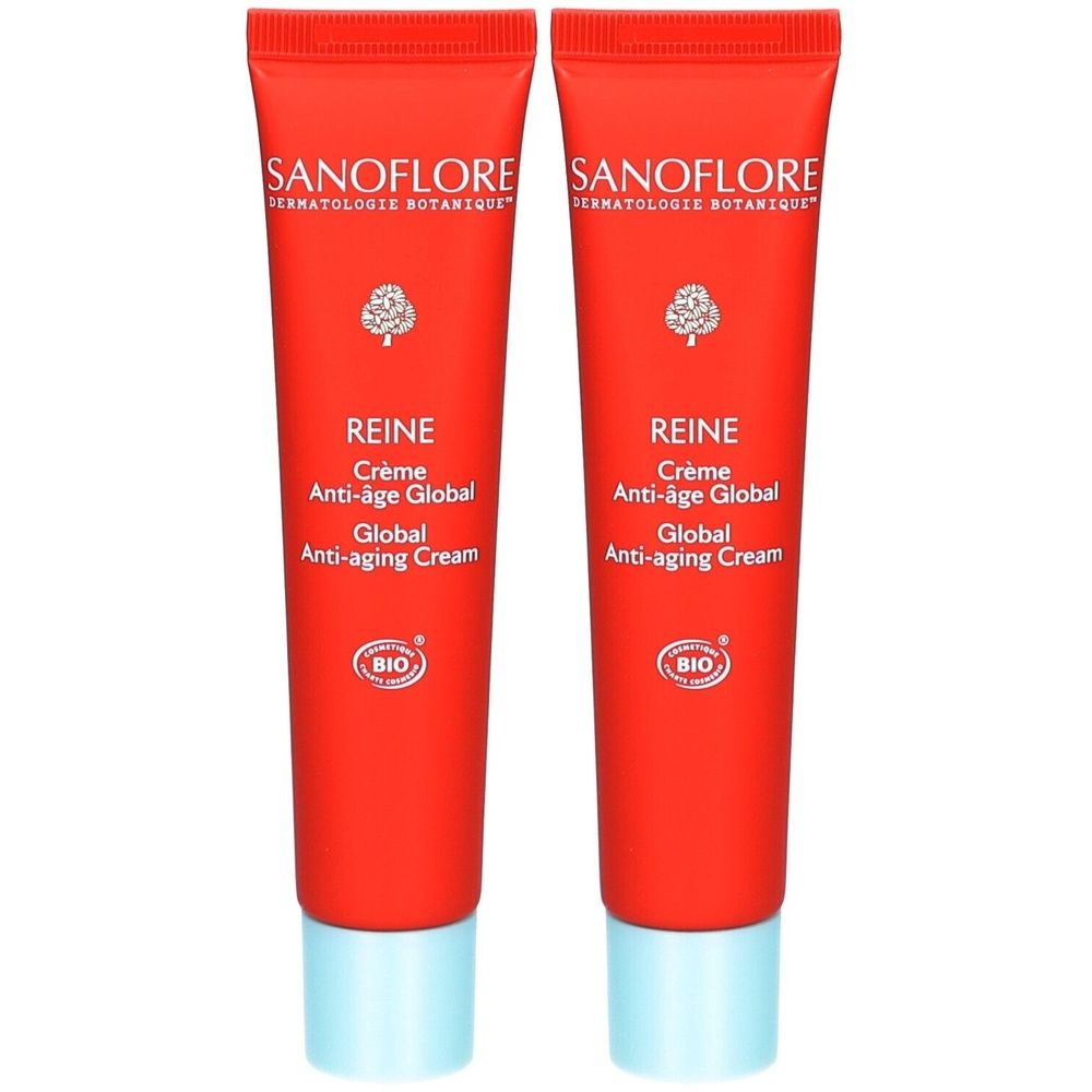 Twee rode tubes met blauwe doppen. Opschriften: "SANOFLORE", "REINE Crème Anti-âge Global" en "BIO". 