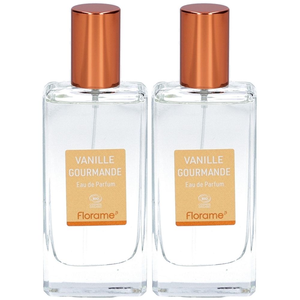 Twee rechthoekige glazen flacons met koperkleurige doppen. Labels met tekst: Vanille Gourmande Eau de Parfum. Merk Florame.