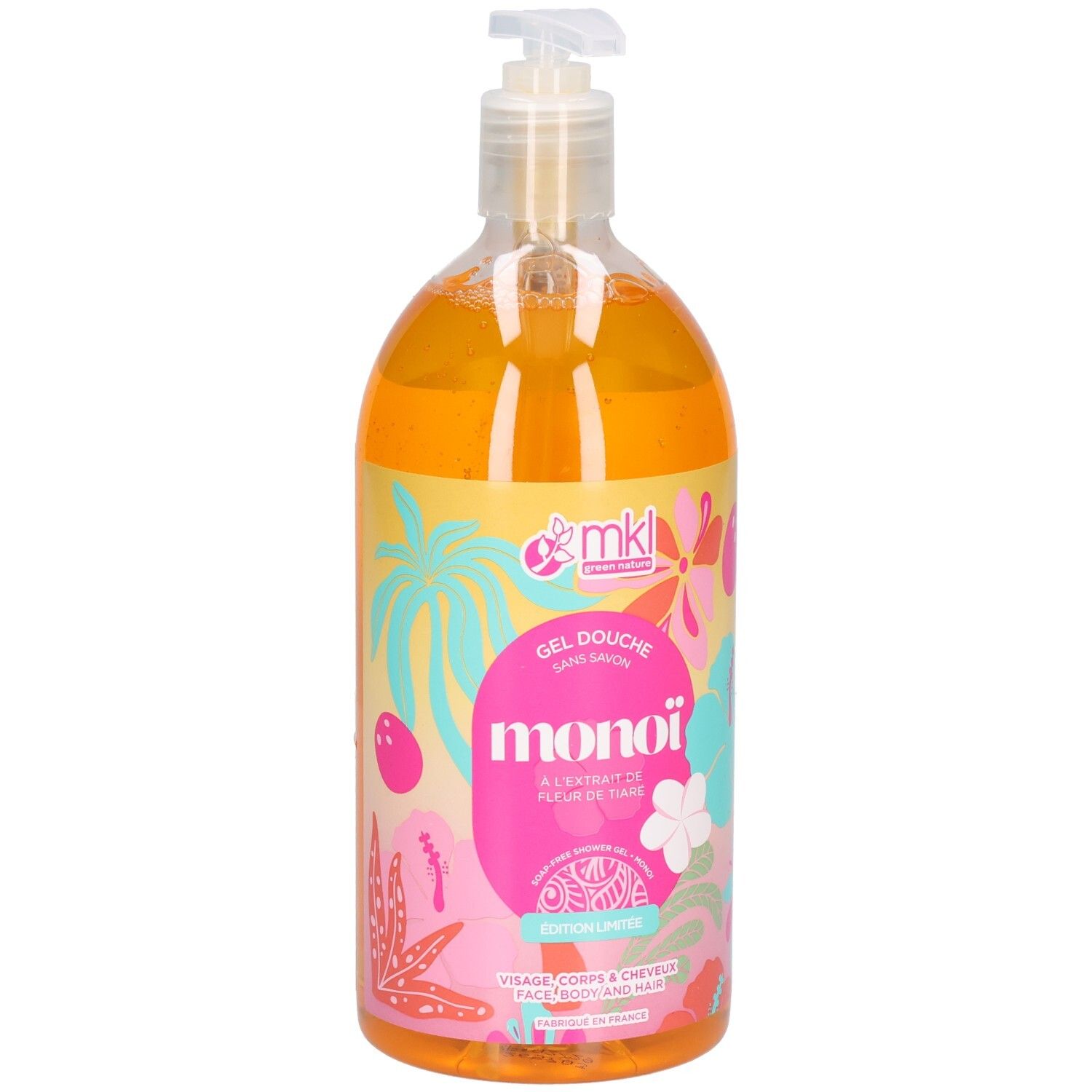 Gel douche en flacon transparent avec pompe. Liquide jaune-orange avec étiquette tropicale.
