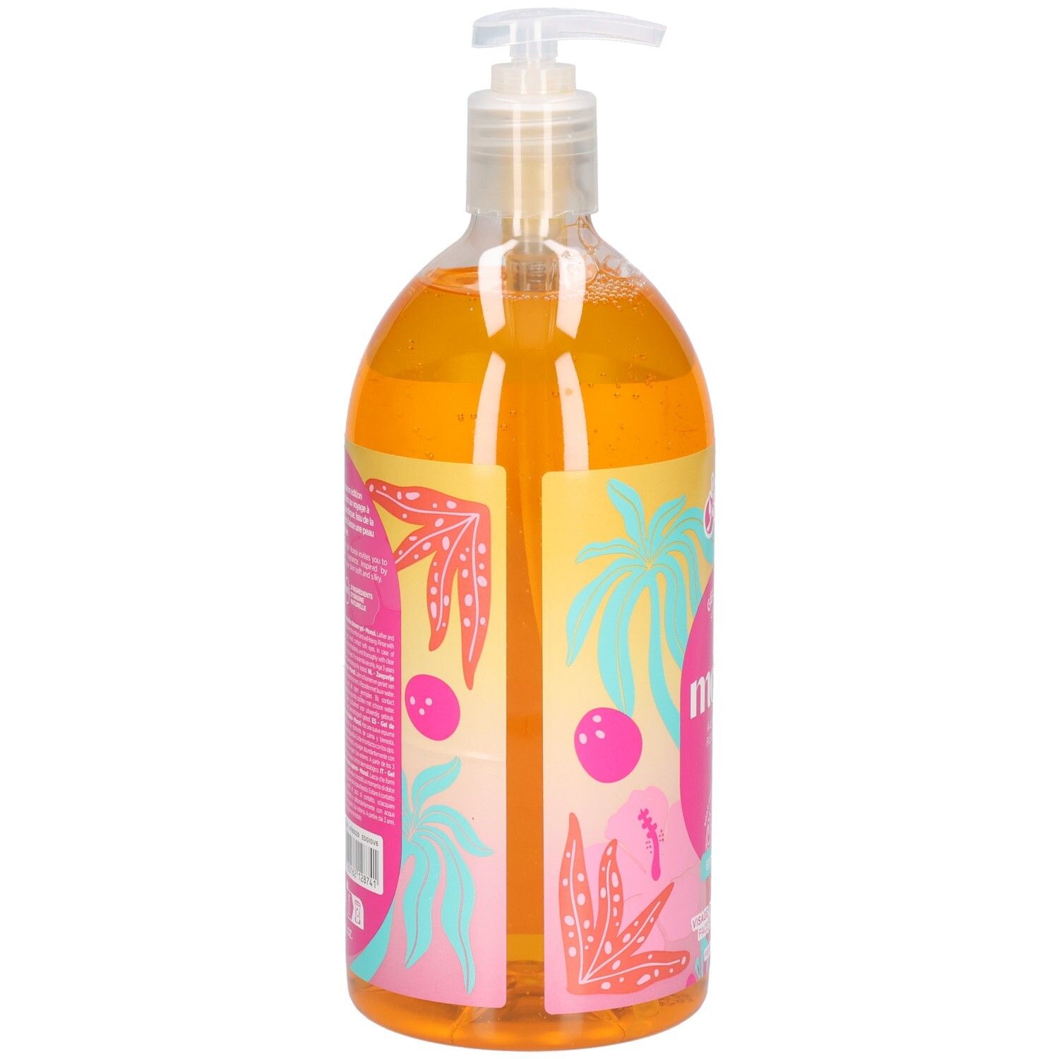 Bouteille transparente avec liquide orange et pompe distributrice. Motifs tropicaux colorés sur l'étiquette.