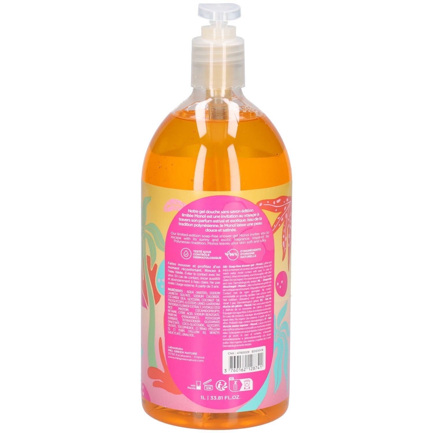 Savon liquide orange dans une bouteille transparente avec distributeur à pompe et étiquette tropicale.