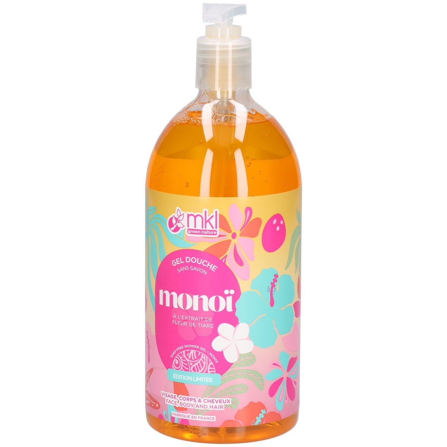 Gel douche dans une bouteille transparente avec pompe. Liquide jaune-orange avec un motif floral tropical.