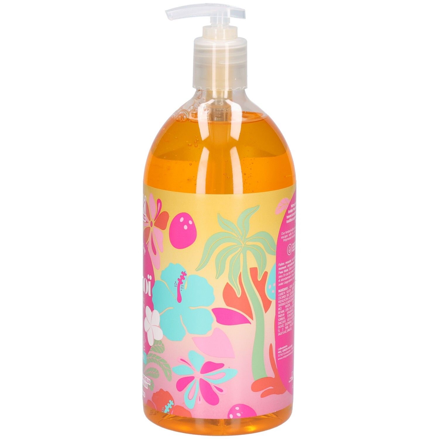 Bouteille transparente avec liquide orange et distributeur. Fleurs tropicales colorées et palmiers sur l'étiquette.