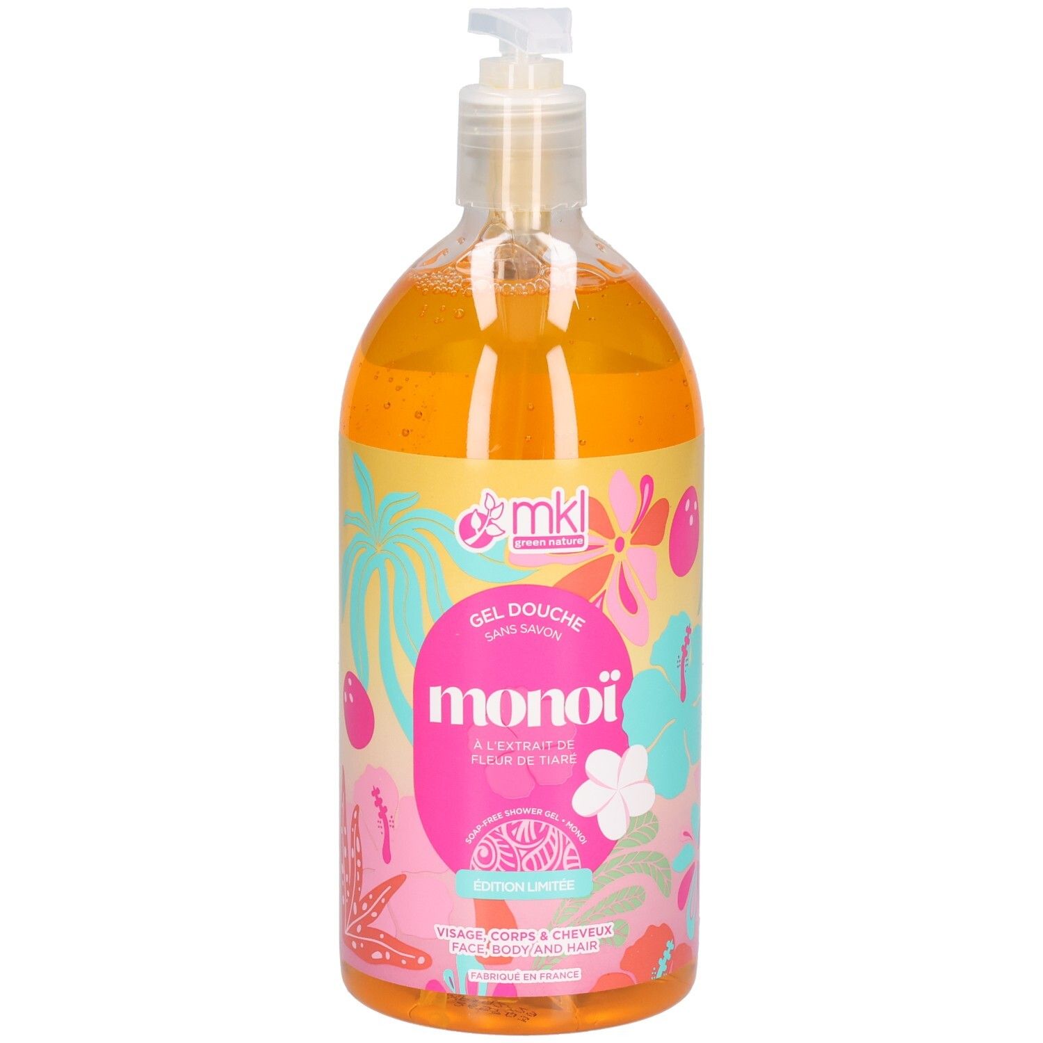 Gel douche en flacon transparent avec pompe. Liquide jaune-orange avec étiquette tropicale.