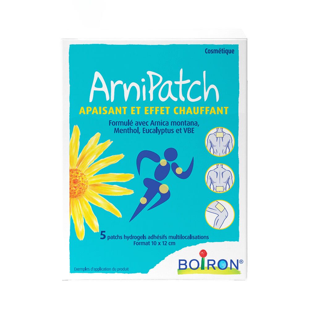 Emballage "ArniPatch". Boîte bleue et blanche avec nom du produit, ingrédients et illustrations. Format 10 x 12 cm.