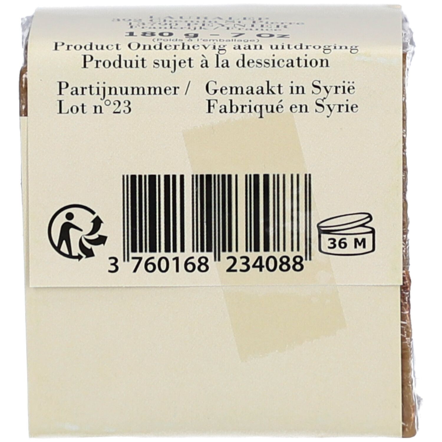 Savon avec code-barres et texte. Inscription: Product Onderhevig aan uitdroging. Symbole de recyclage et 36M.
