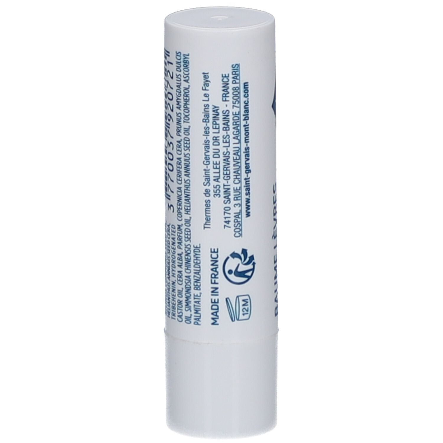 Bâton de baume à lèvres blanc. Inscription et texte bleus. Texte : MADE IN FRANCE, 12M. Ingrédients et adresse.