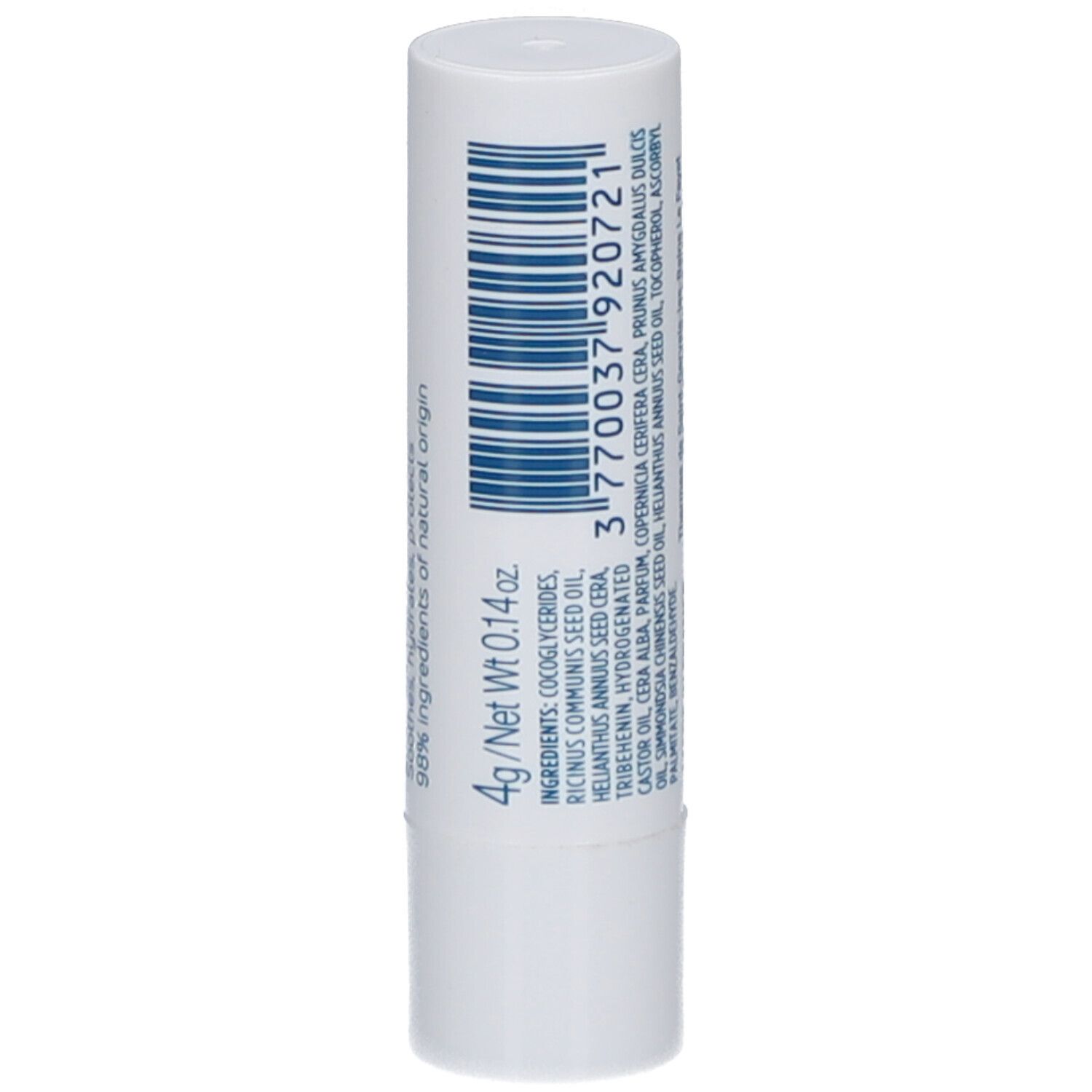 Bâton de baume à lèvres blanc. Inscription et code-barres bleus. Texte : 4g/Net Wt 0.14 oz. Ingrédients.