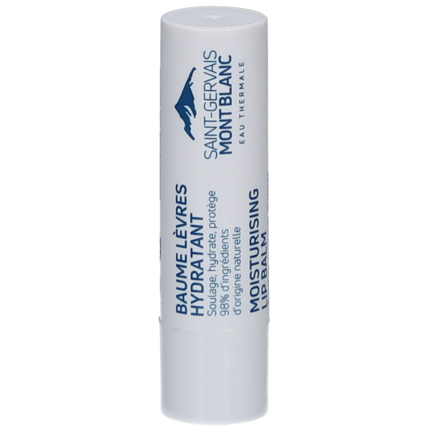 Bâton de baume à lèvres blanc. Inscription bleue : BAUME LEVRES HYDRATANT, SAINT-GERVAIS MONT BLANC. Texte : Moisturising Lip Balm.