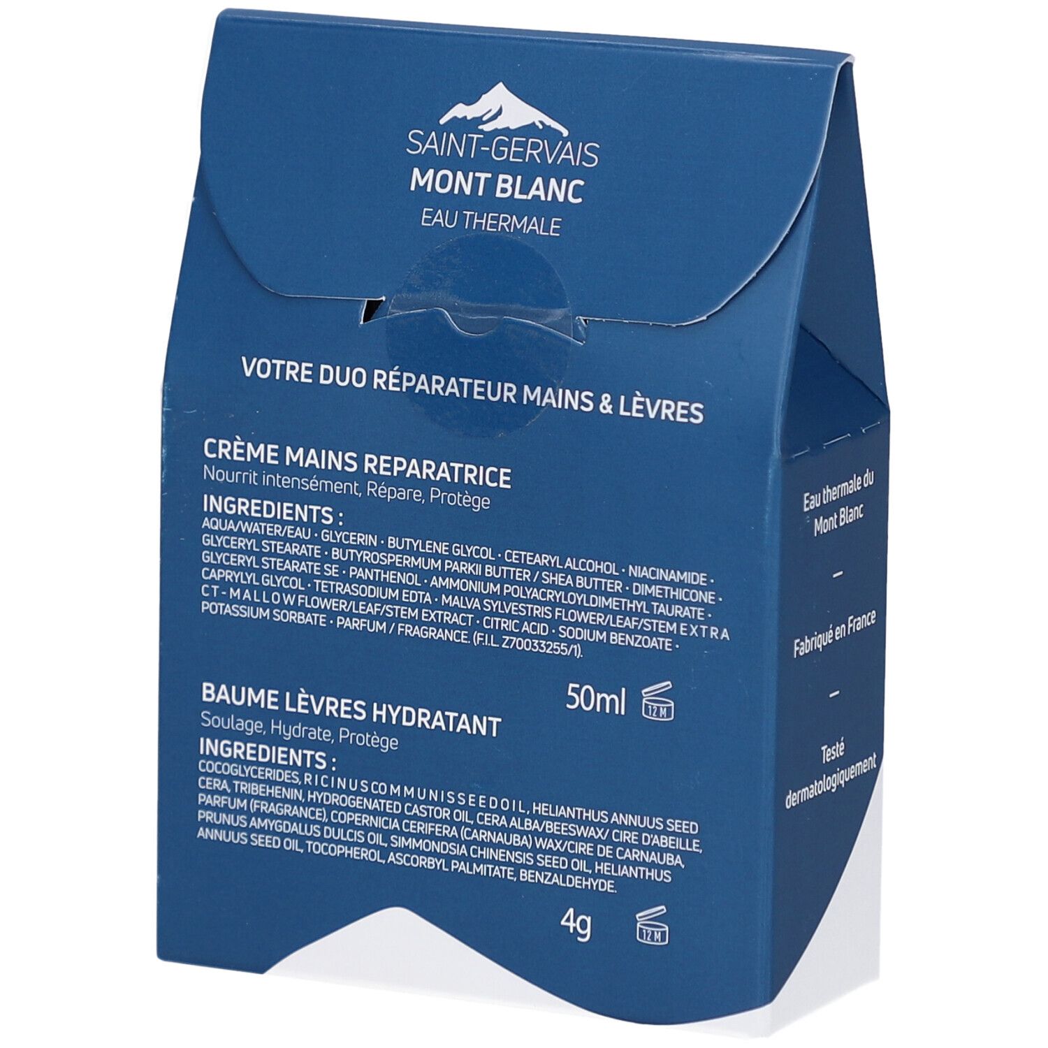 Dos de l'emballage DUO MAINS & LÈVRES. Contient ingrédients crème mains (50ml) et baume lèvres (4g). Texte en français.