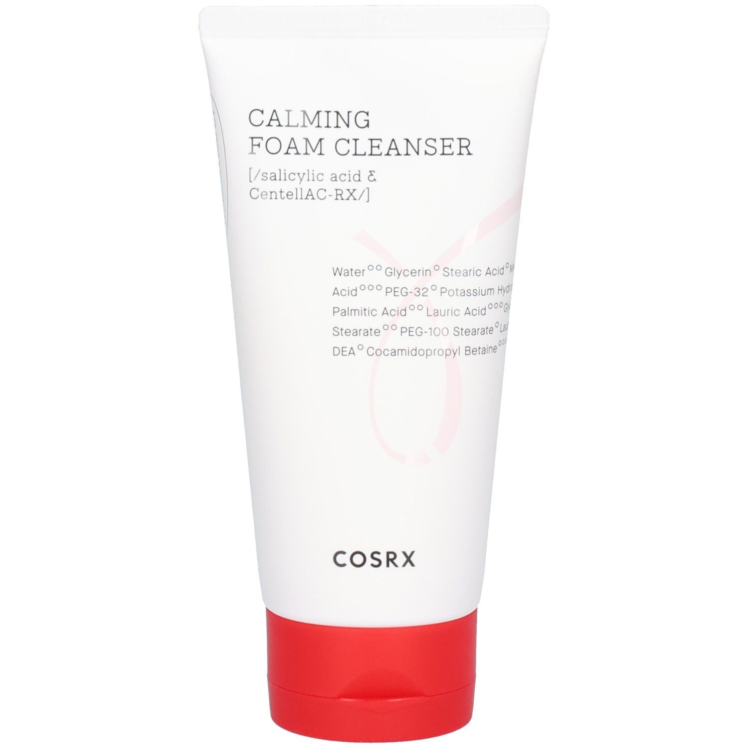 Witte tube met rode dop. Opschrift: Calming Foam Cleanser, Cosrx. Ingrediënten staan erop.
