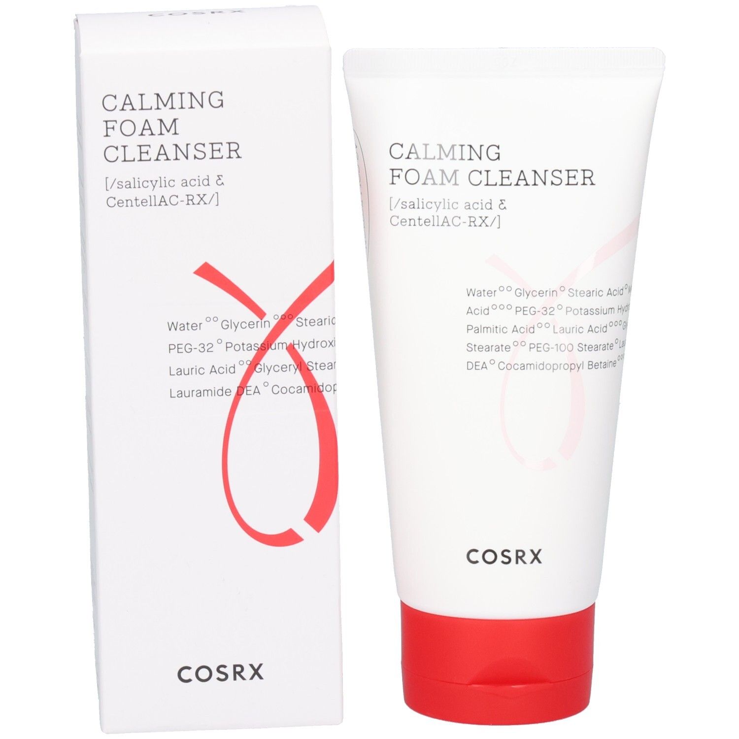 Witte verpakking en tube. Opschrift: Calming Foam Cleanser, Cosrx. Rode afbeelding. Tube met rode dop.