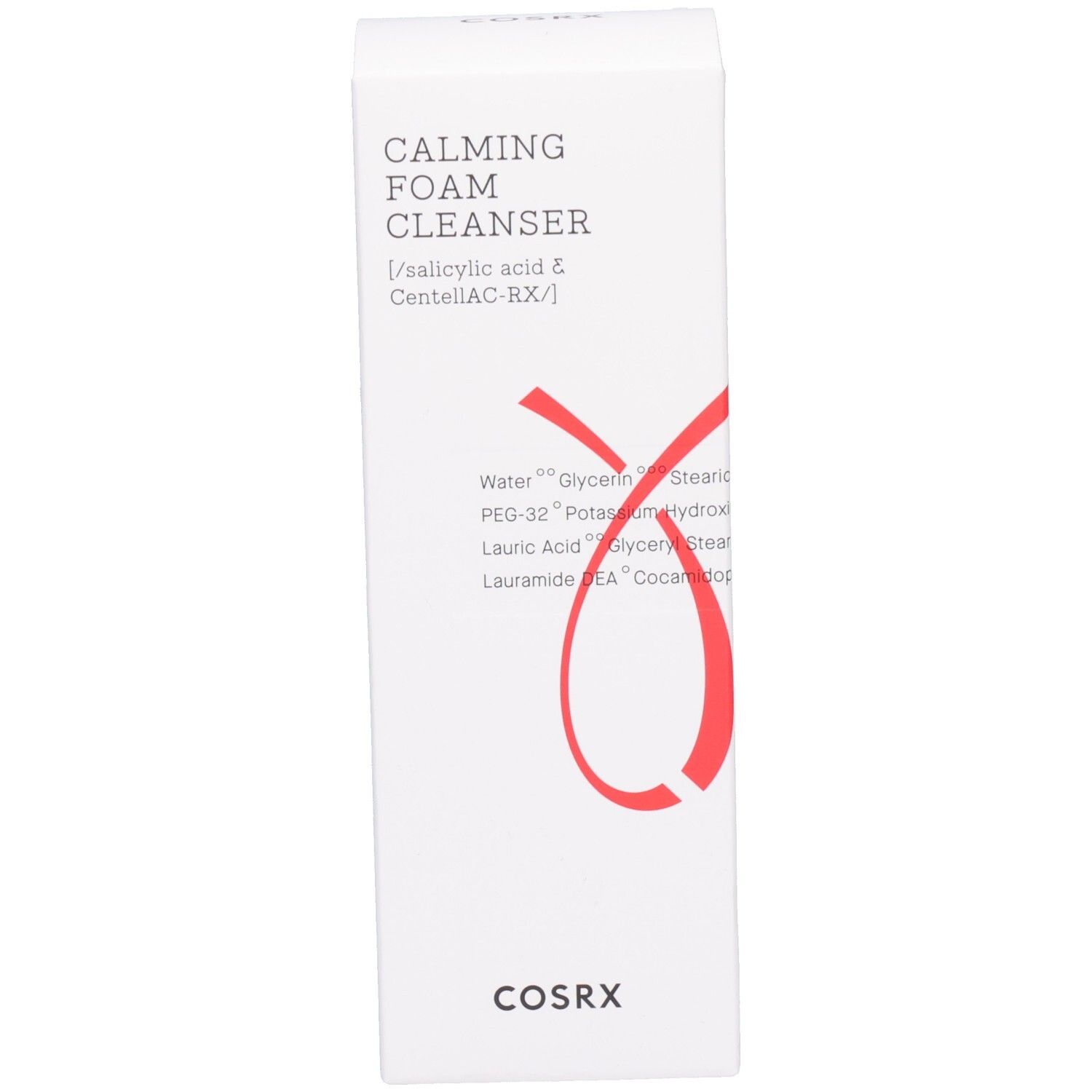 Witte verpakking. Opschrift: Calming Foam Cleanser, Cosrx. Rode afbeelding. Ingrediënten staan erop.