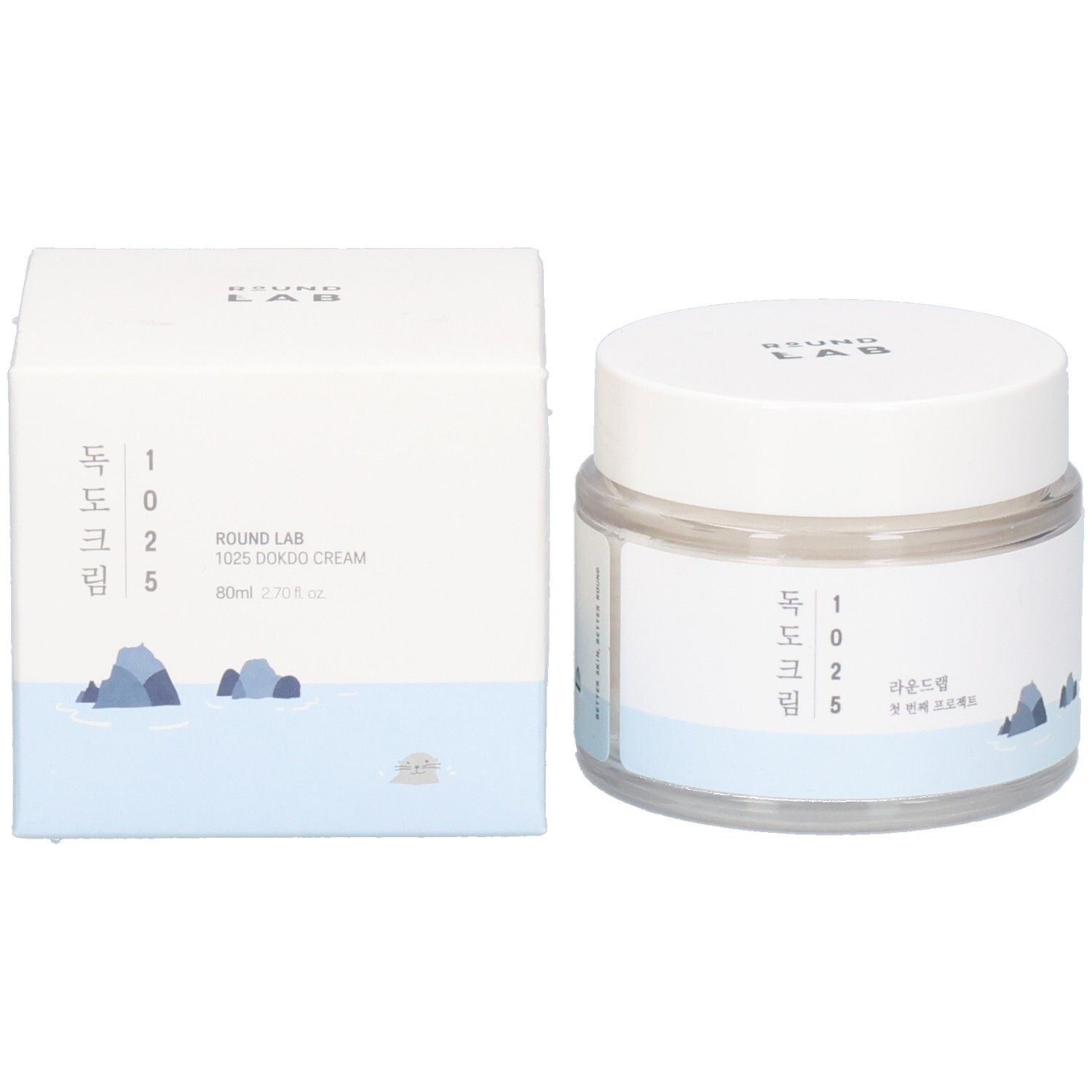 Productverpakking: pot en doos. Pot met witte deksel en etiket. Doos met tekst en logo. "ROUND LAB".