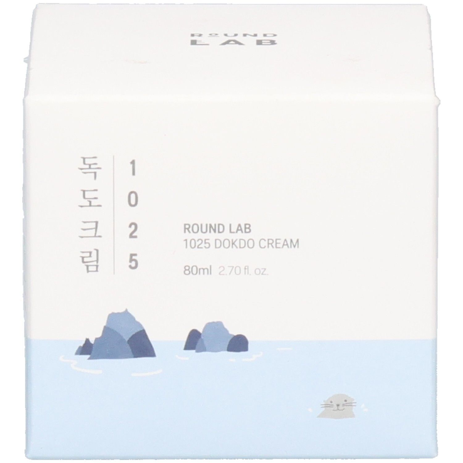 Productverpakking: doos met tekst en logo. Pot met witte deksel en etiket. "ROUND LAB" en Koreaanse tekst.