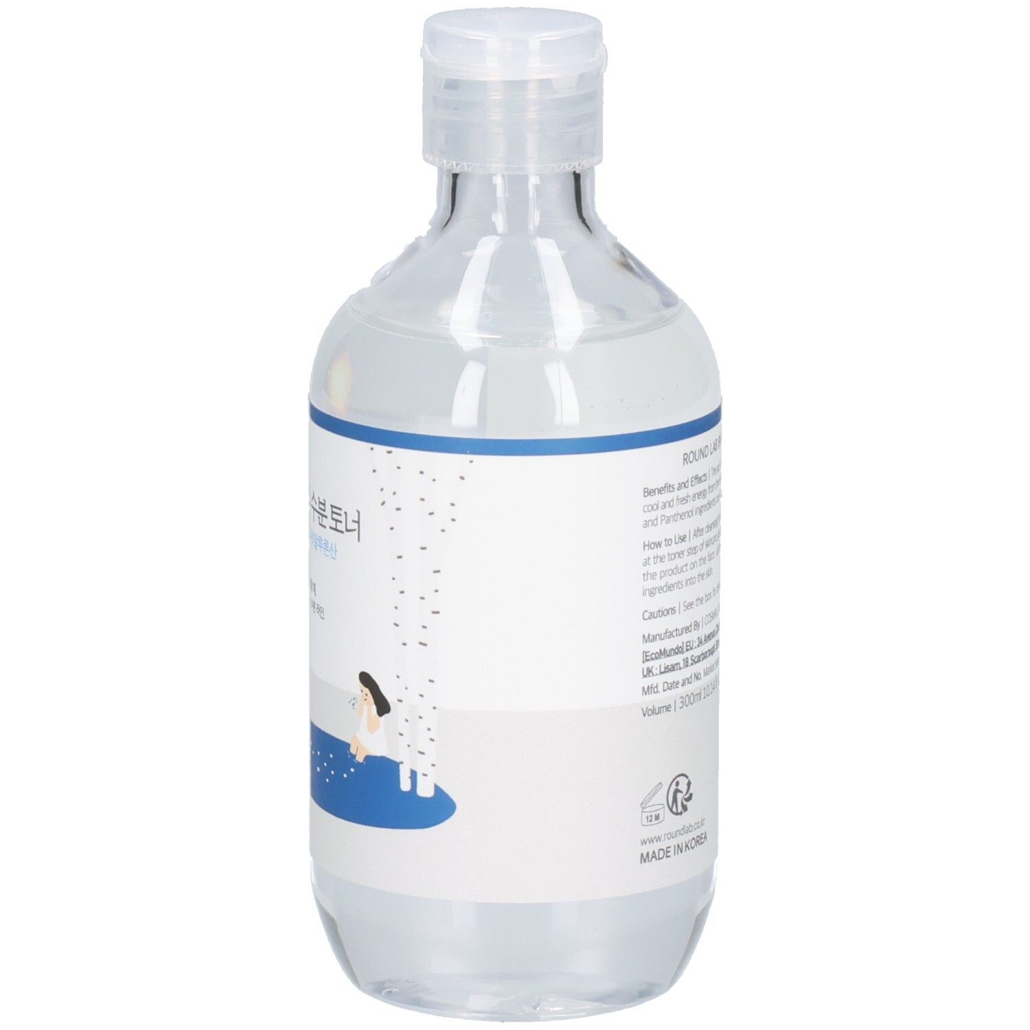 Transparante fles met blauw-wit etiket. Koreaanse tekst. Dop aan de bovenkant.