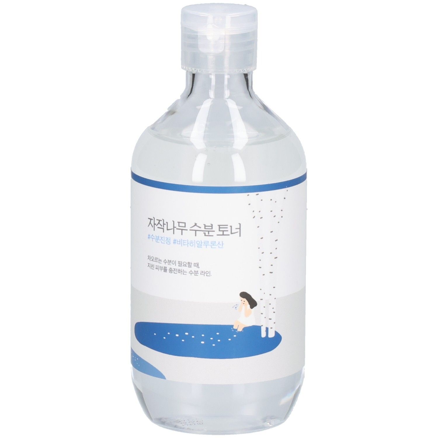 Transparante fles met blauw-wit etiket. Koreaanse tekst. Dop aan de bovenkant.