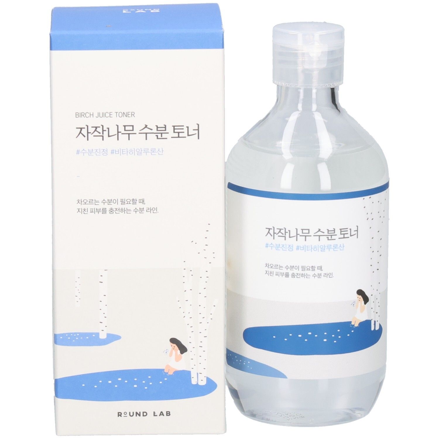 Productverpakking met fles en doos. Fles met blauw-wit etiket. Blauwe doos.